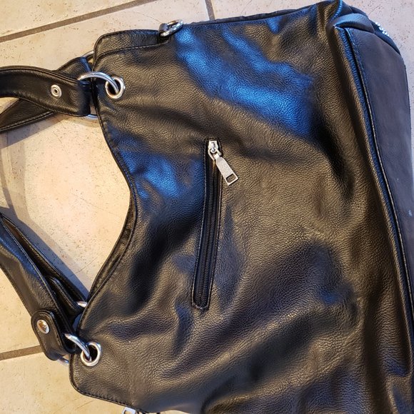 Black Leather Purse With Rhinestone Accents, Geometric Pattern - Picture 6 of 9